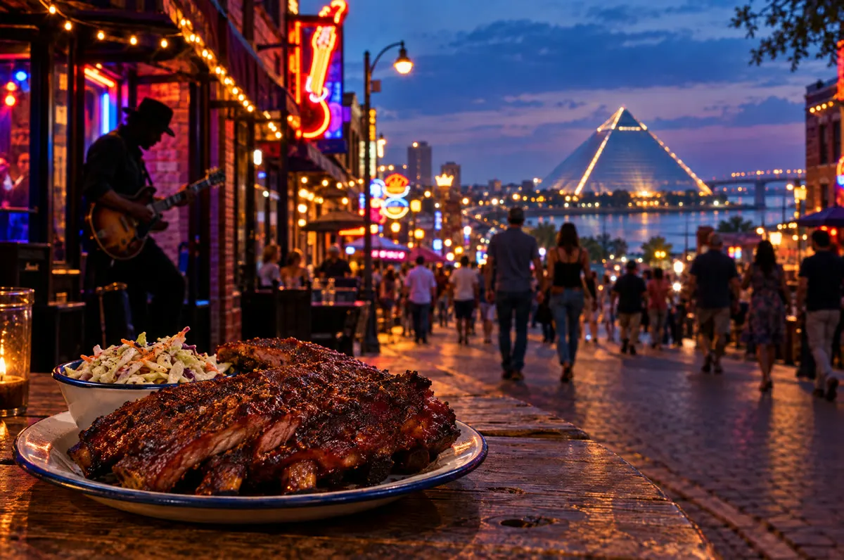 Beale Street at dusk with BBQ ribs, a blues guitarist, and the Bass Pro Pyramid